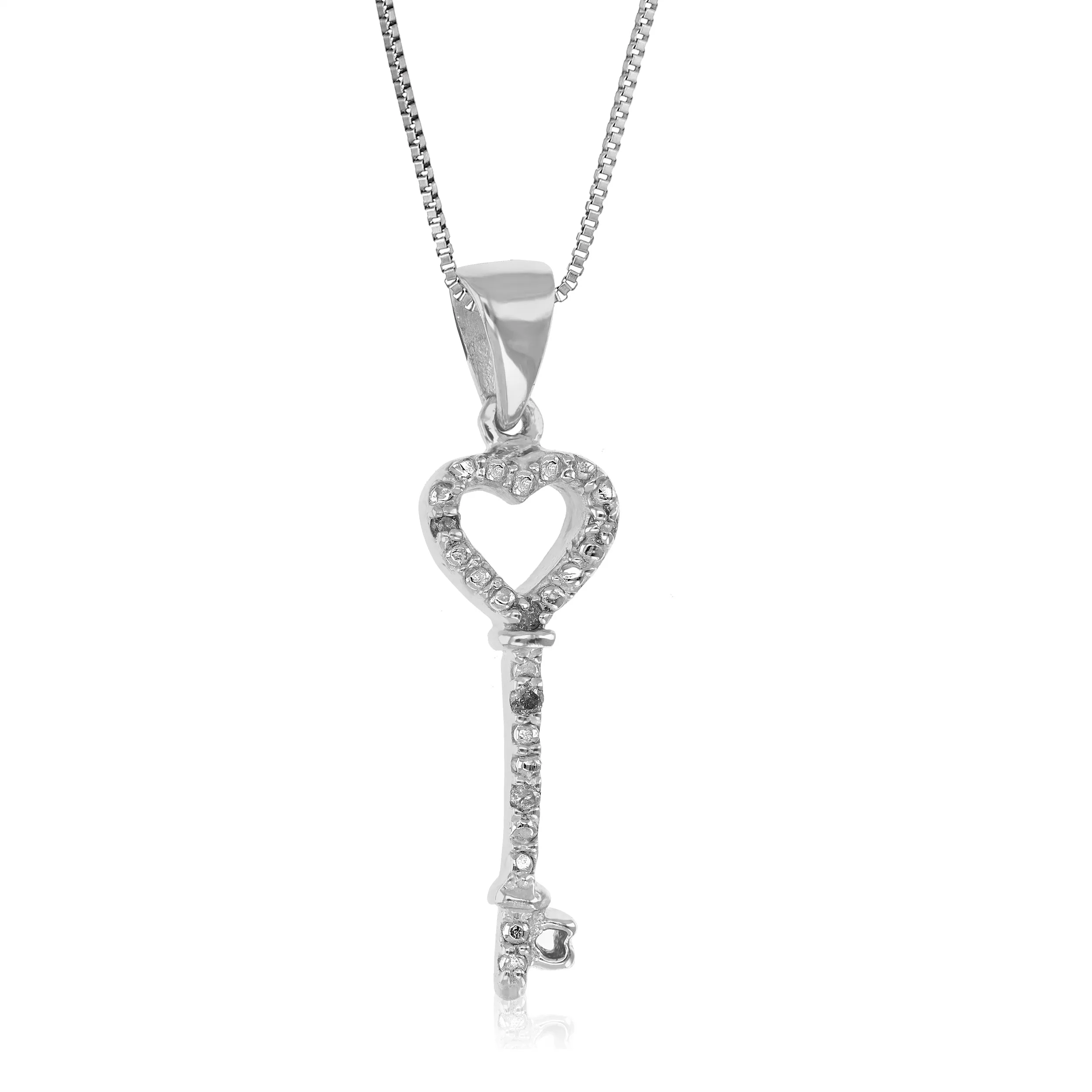 0.02 cttw Diamond Pendant, Diamond Key Pendant Necklace for Women in .925 Sterling Silver with 18 Inch Chain, Prong Setting