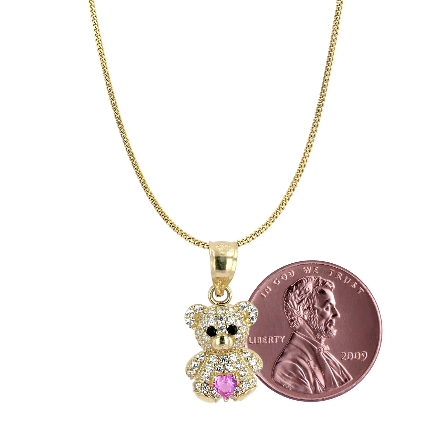 10K yellow gold baby miami Cuban link chain pink teddy bear pemdant -3466