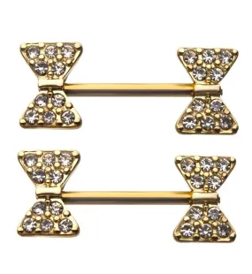 14G Golden Bow Tie Gem Nipple Rings Barbell