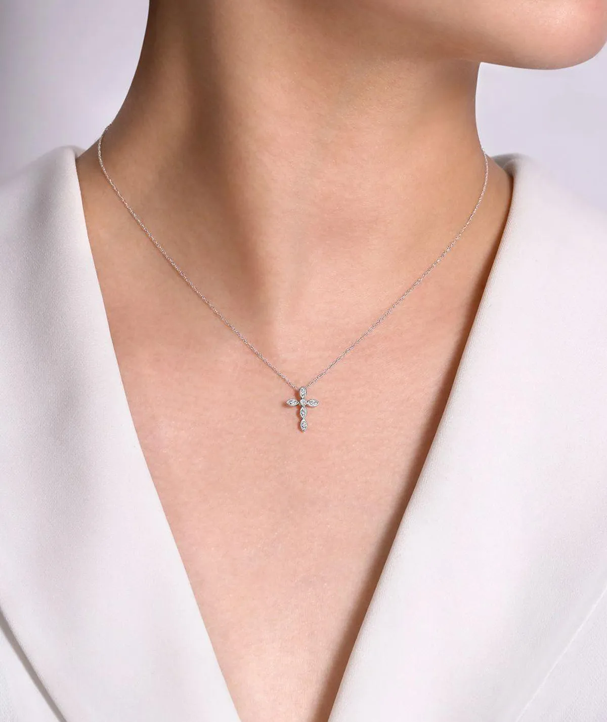 14K White Gold Marquise Shaped Diamond Cross Necklace