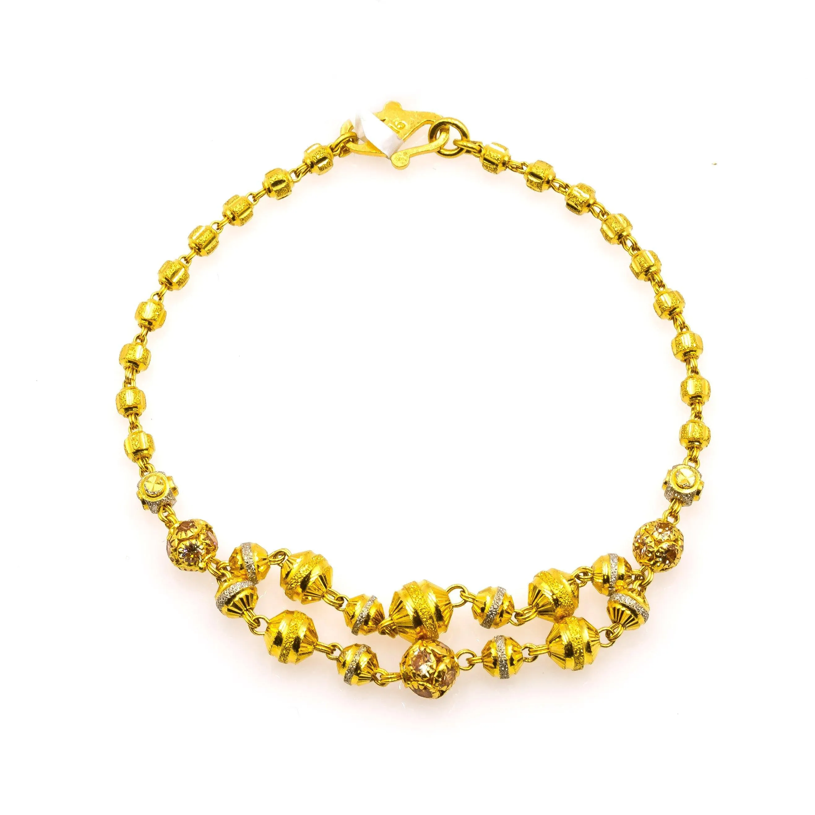 22K Multi Tone Gold Bracelet W/ CZ Gems & Semi-Split Textured Bicone Beaded Strand