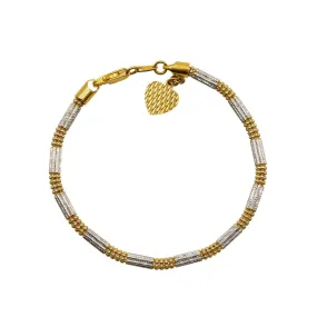 22K Multi Tone Gold Bracelet W/ Heart Charm & Rounded Beaded Link