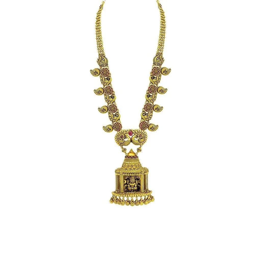 22K Yellow Gold Necklace W/ Ruby, Emerald & Large Laxmi Temple Pendant on Flower Carved Chain