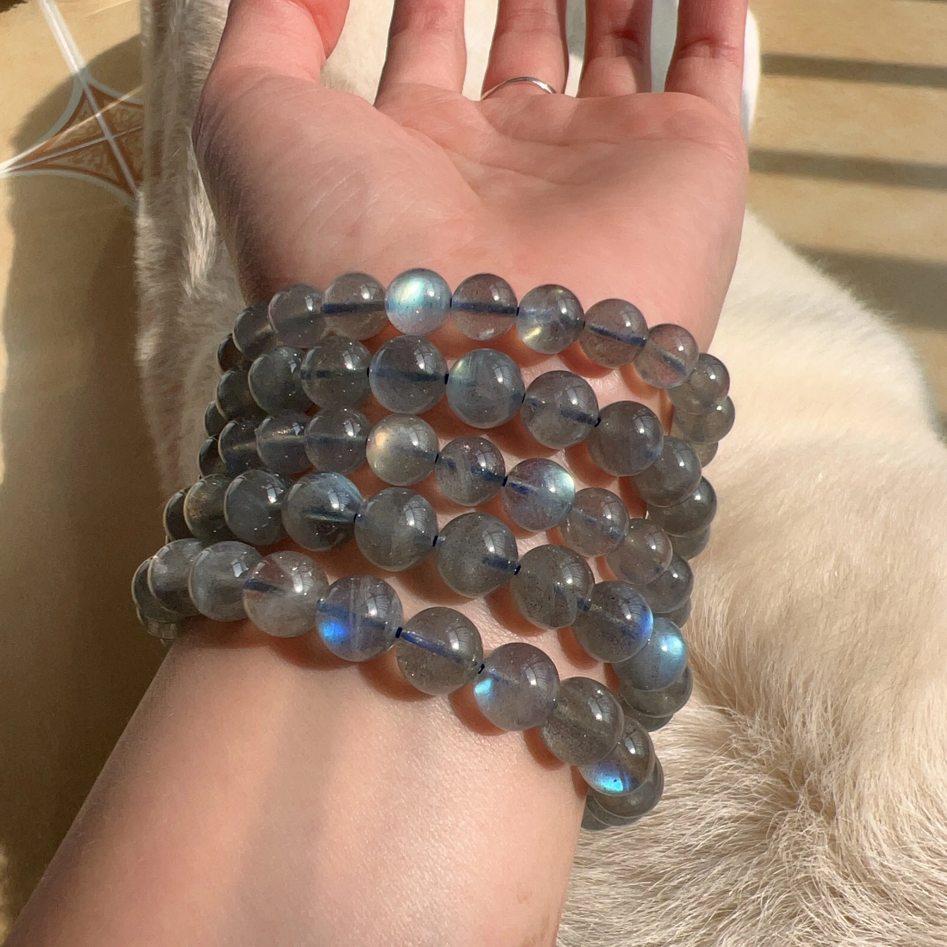 5 Bracelets Natural Strong Rainbow Flash Labradorite Round Beaded Bracelets for DIY Jewelry Project