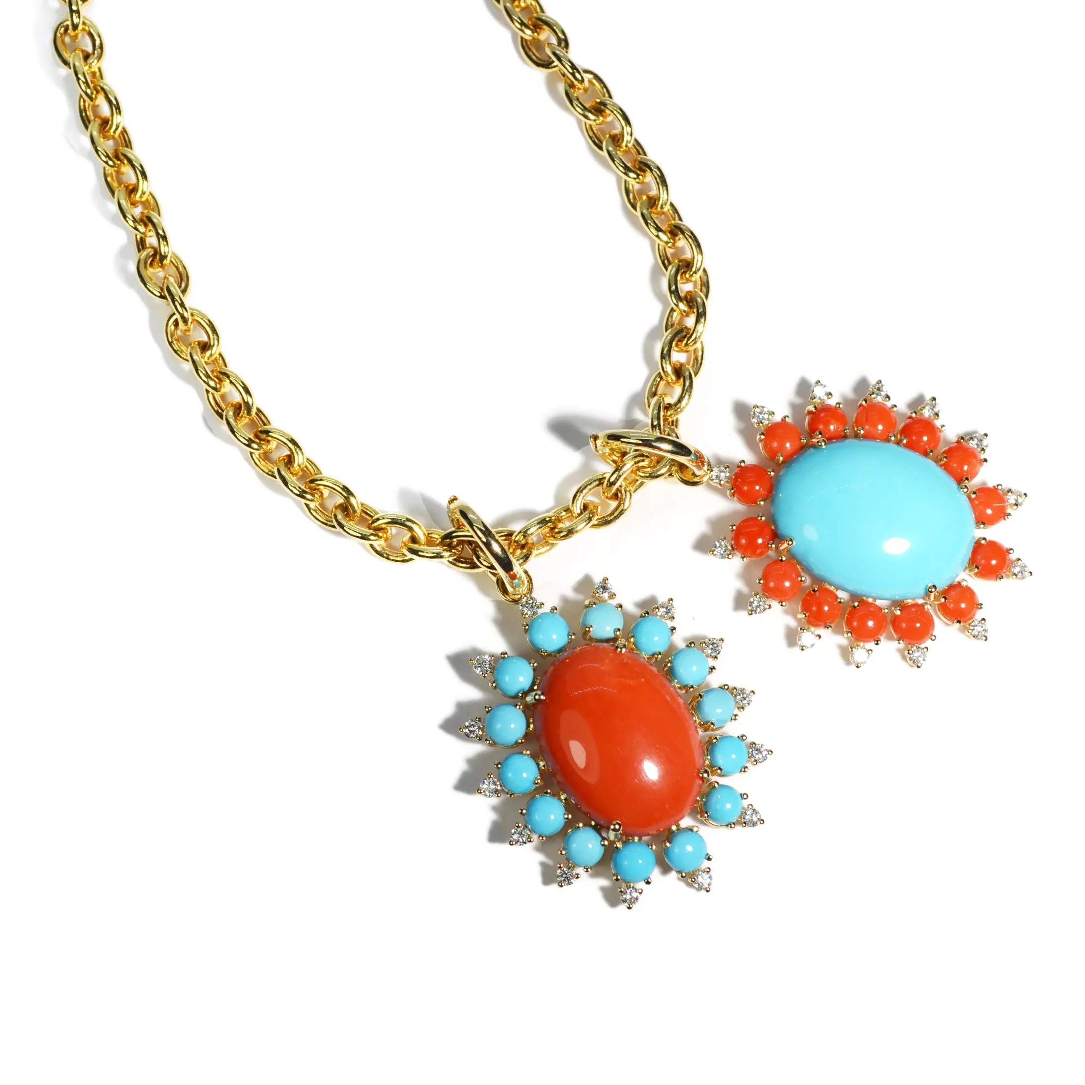 A & Furst - Sole - Pendant with Natural Arizona Turquoise, Natural Red Coral and Diamonds, 18k Yellow Gold