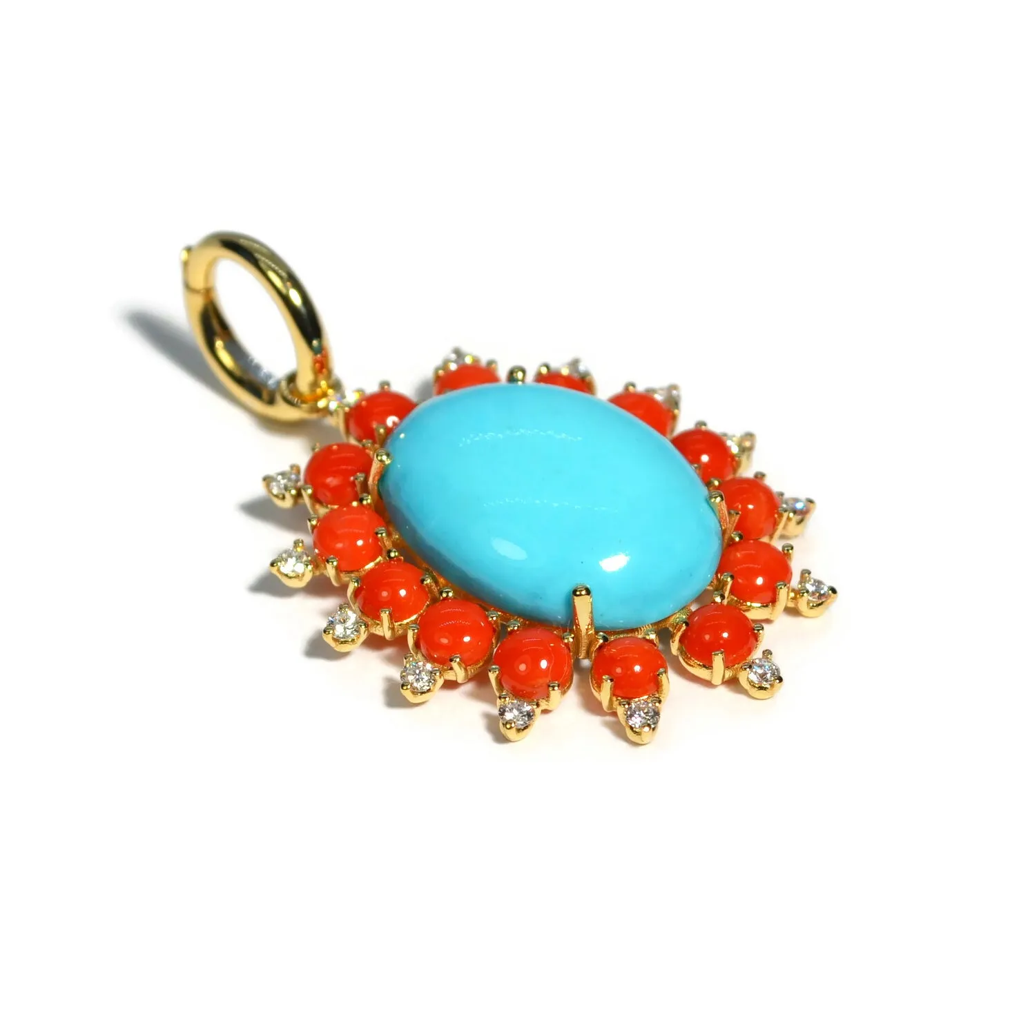 A & Furst - Sole - Pendant with Natural Arizona Turquoise, Natural Red Coral and Diamonds, 18k Yellow Gold