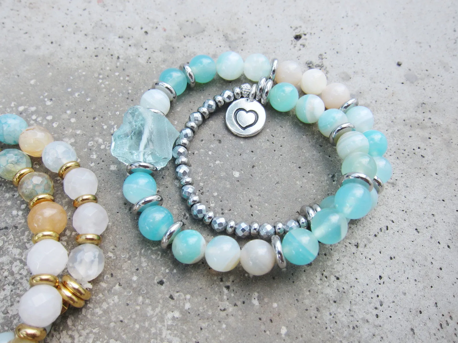 Aqua Teal Blue Agate and Blue Quartz Mala Bracelet