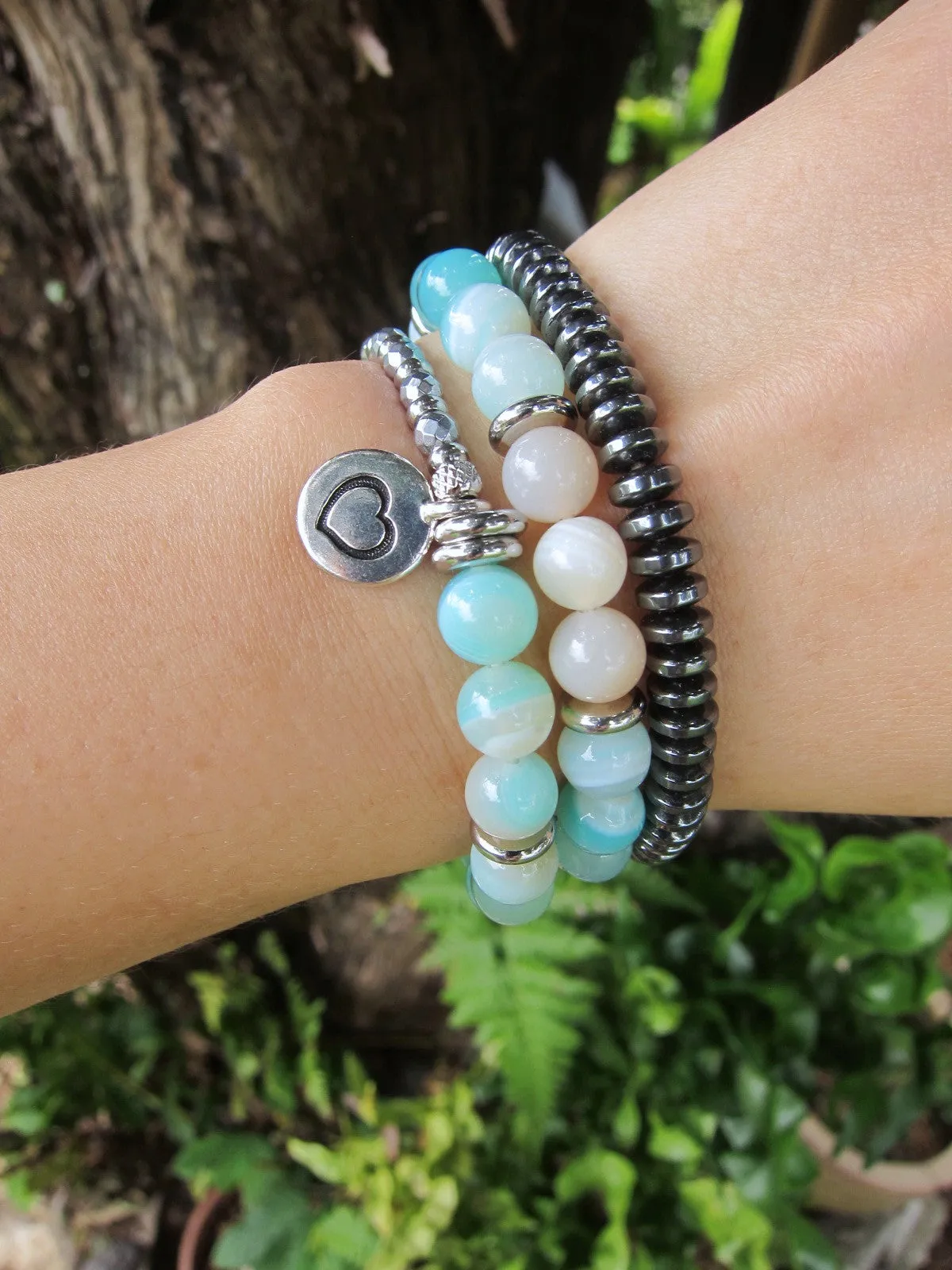 Aqua Teal Blue Agate and Blue Quartz Mala Bracelet