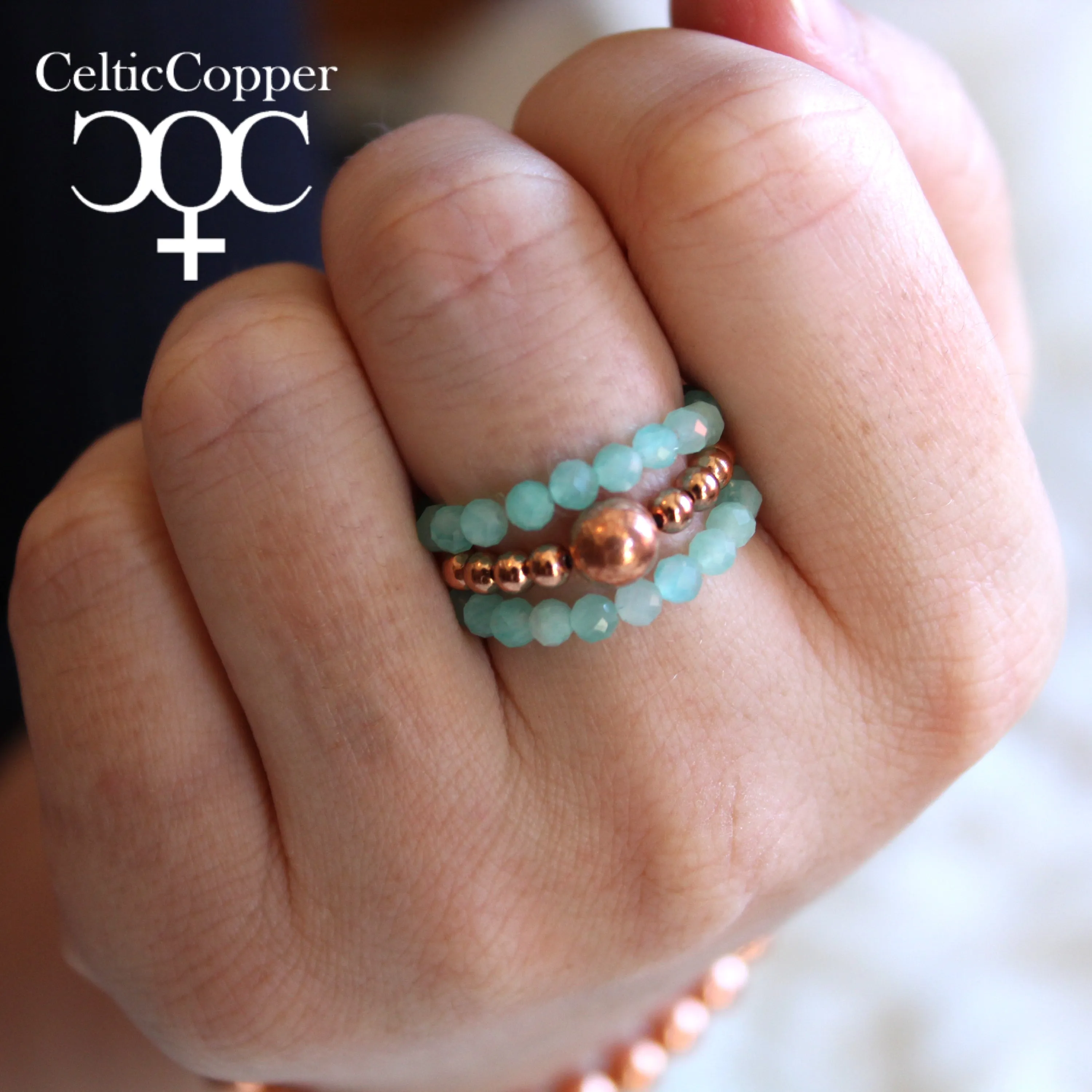 Beaded Copper Ring Set Pure Healing Copper Glacier Blue Amazonite 3 Piece Beaded Elastic Ring Set