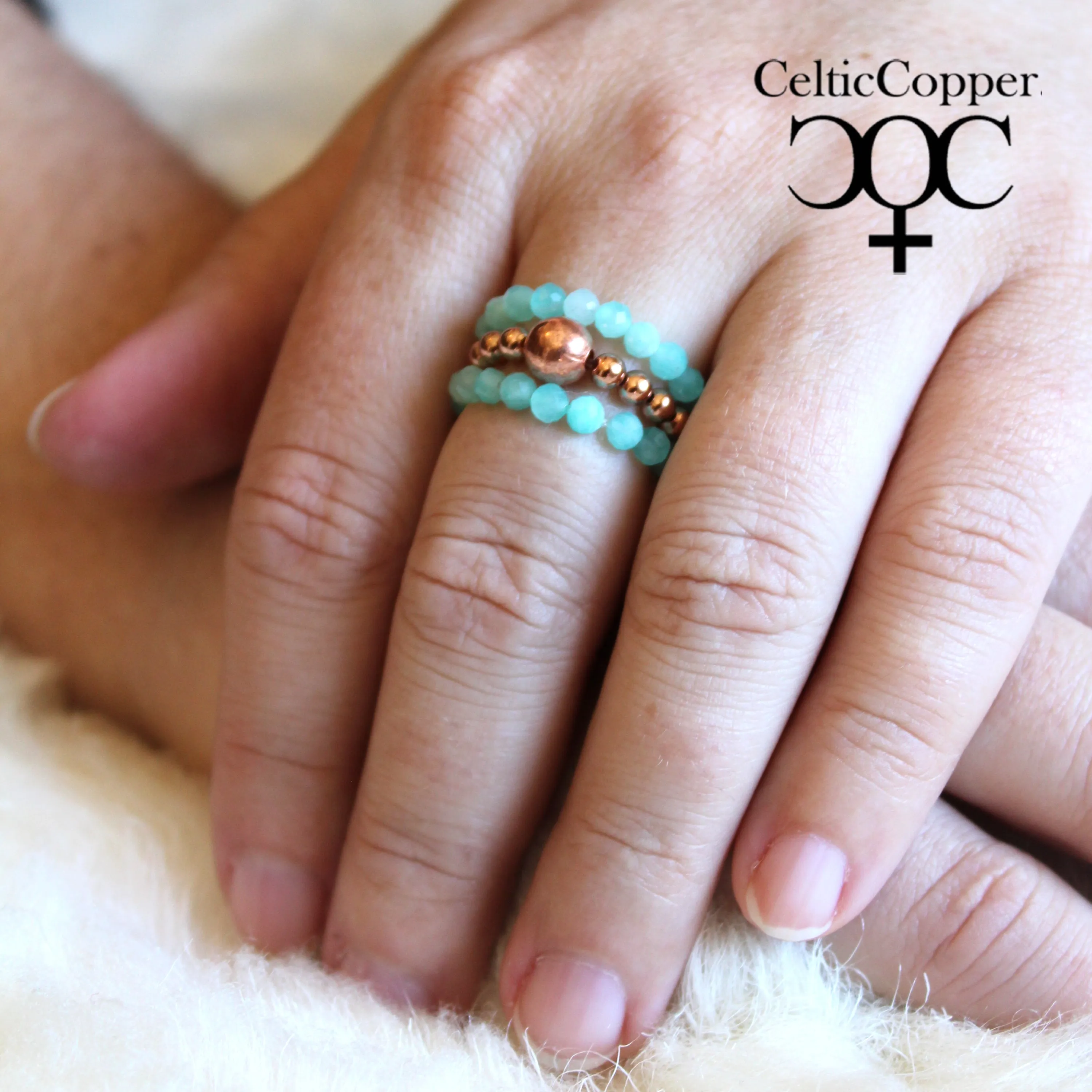 Beaded Copper Ring Set Pure Healing Copper Glacier Blue Amazonite 3 Piece Beaded Elastic Ring Set