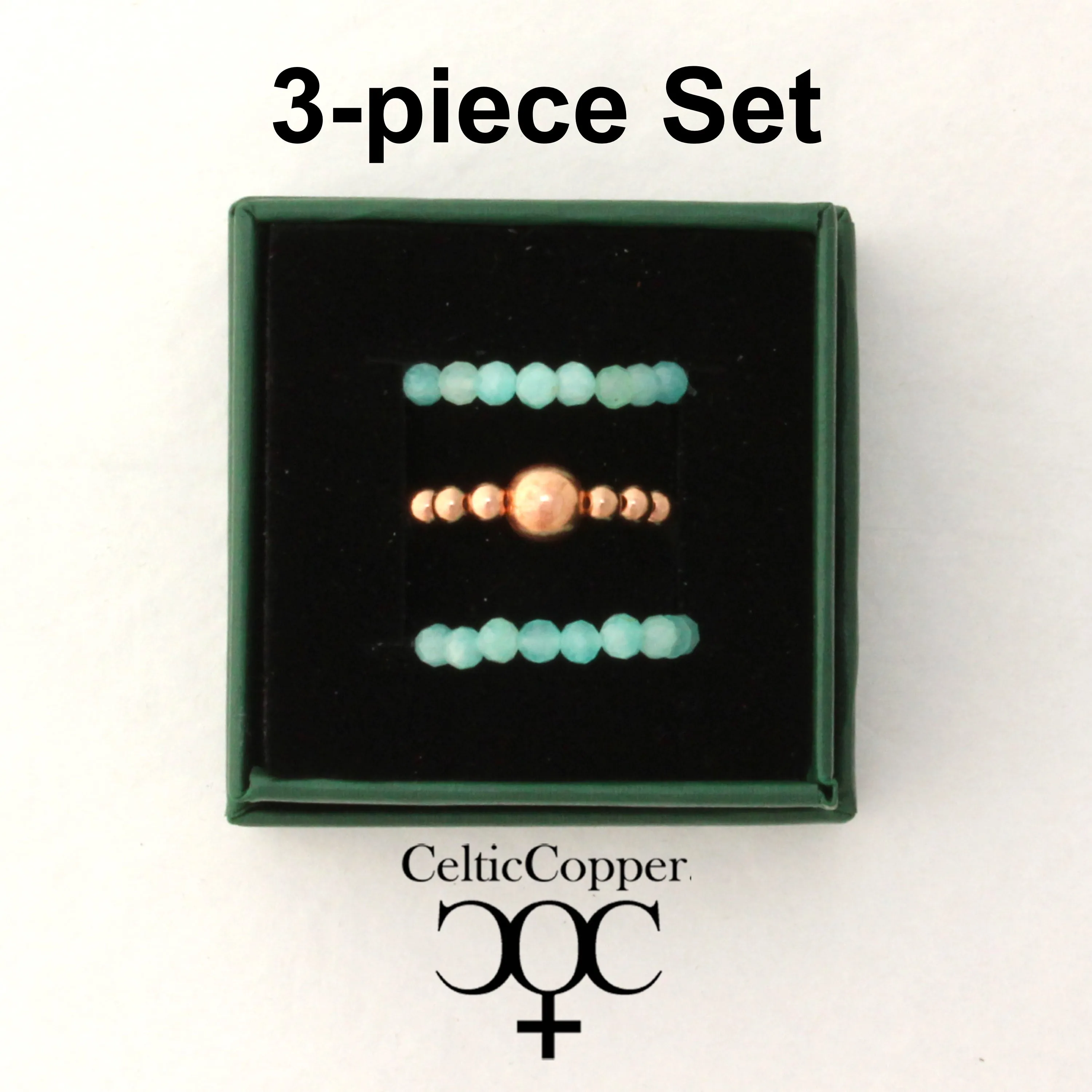 Beaded Copper Ring Set Pure Healing Copper Glacier Blue Amazonite 3 Piece Beaded Elastic Ring Set