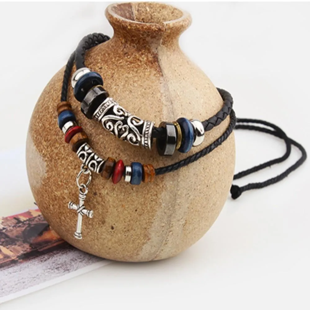 Beaded Knotted Leather Choker Necklace with Silver Cross Pendant Necklace