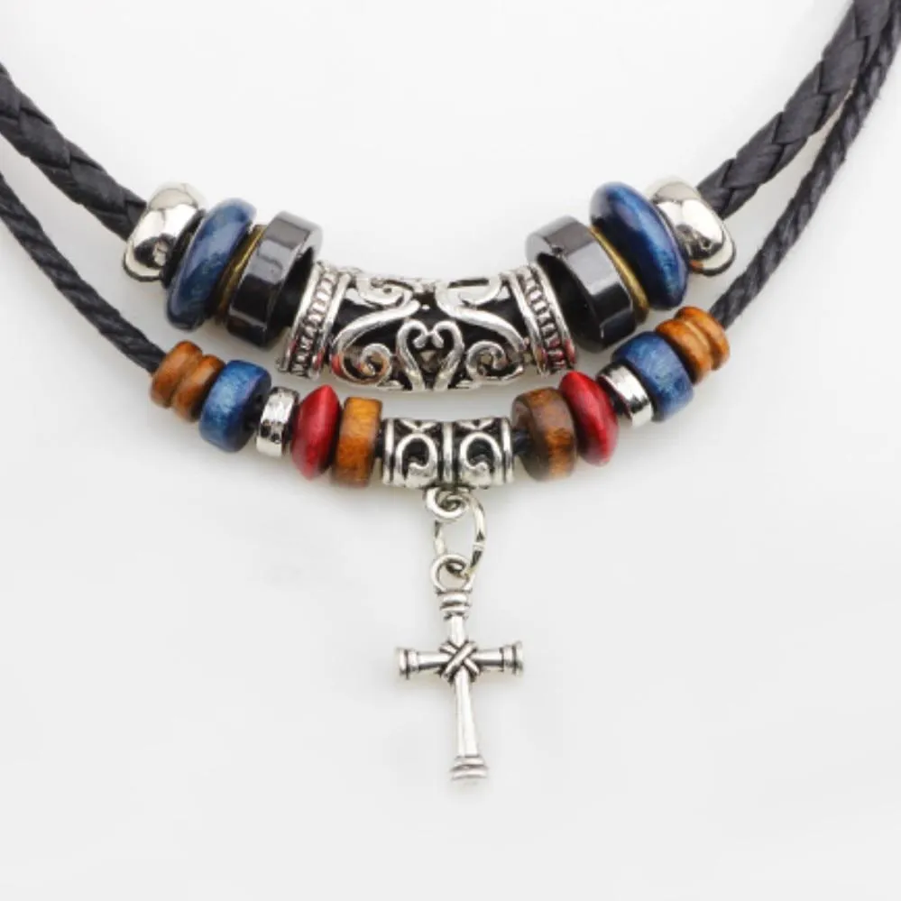 Beaded Knotted Leather Choker Necklace with Silver Cross Pendant Necklace