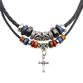 Beaded Knotted Leather Choker Necklace with Silver Cross Pendant Necklace