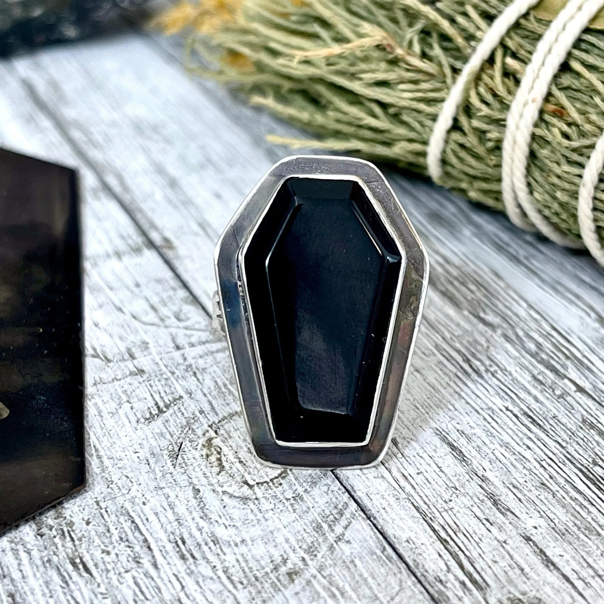 Black Onyx Coffin Ring in Solid Sterling Silver- Designed by FOXLARK Collection Size 6 7 8 9 10 / Big Crystal Ring Witchy Haloween Jewelry