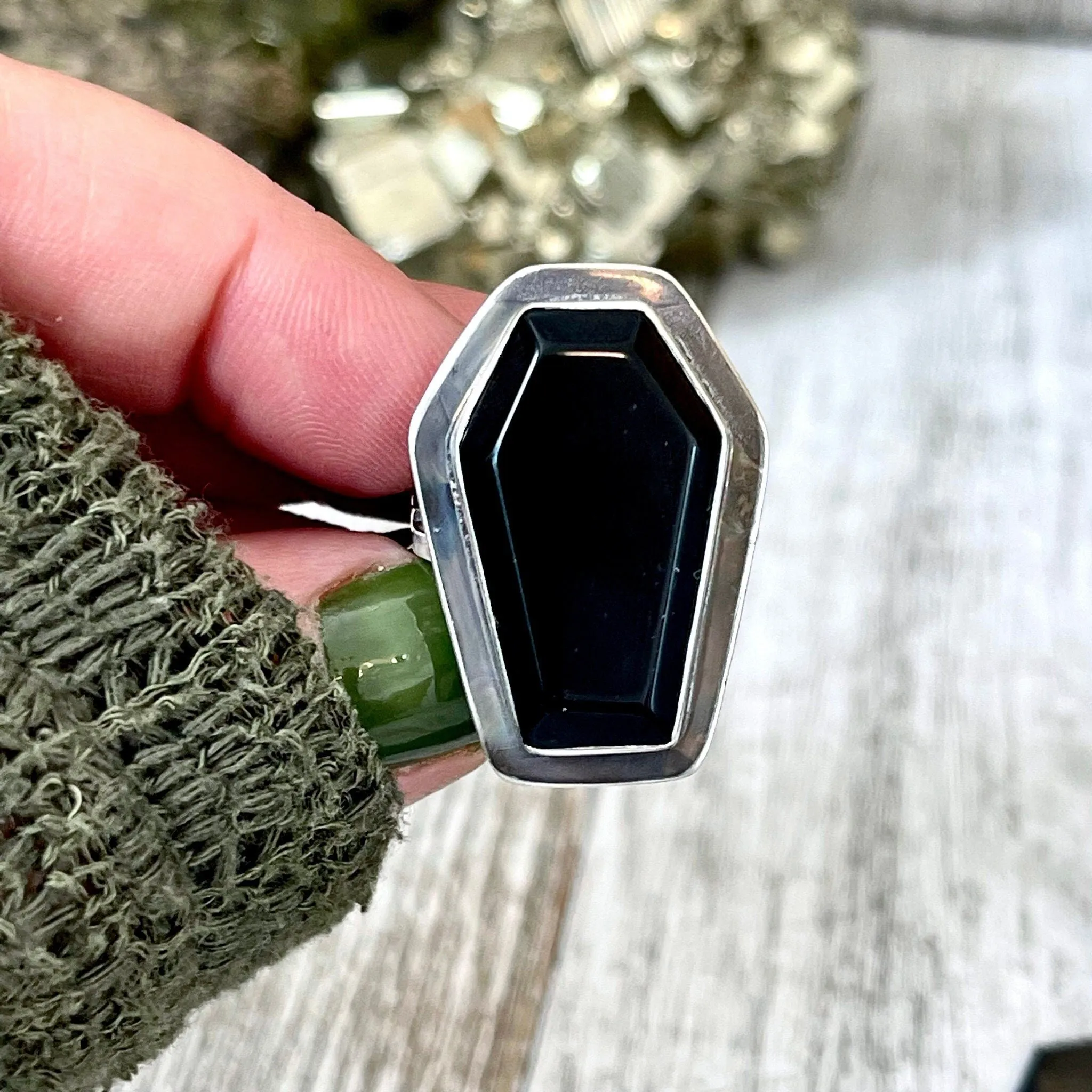 Black Onyx Coffin Ring in Solid Sterling Silver- Designed by FOXLARK Collection Size 6 7 8 9 10 / Big Crystal Ring Witchy Haloween Jewelry