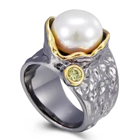 Black Rhodium Gold Trim White Raised Pearl Luxury Ring