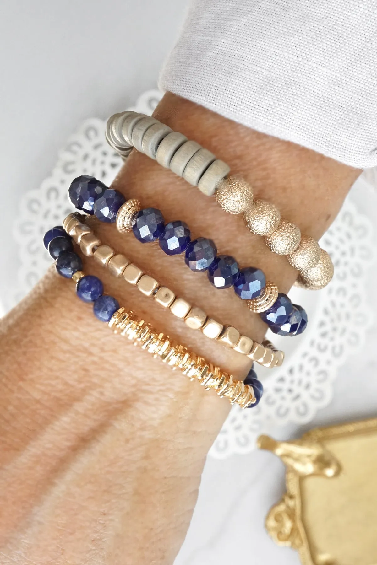 Bracelets stack of 4 piece beaded with Blue Semi Precious stones glass wooden and golden beads