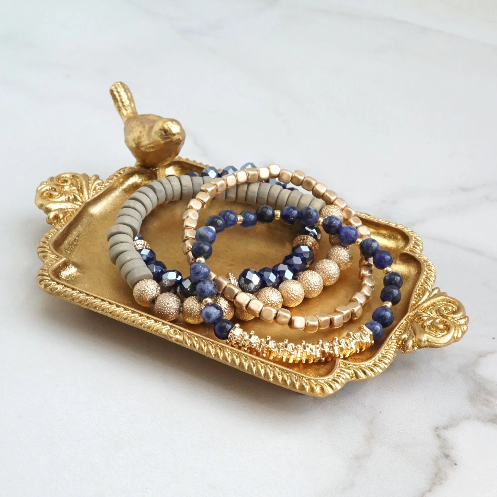 Bracelets stack of 4 piece beaded with Blue Semi Precious stones glass wooden and golden beads