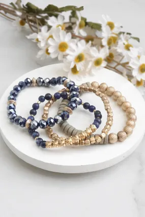 Bracelets stack of 4 piece beaded with Blue Semi Precious stones glass wooden and golden beads