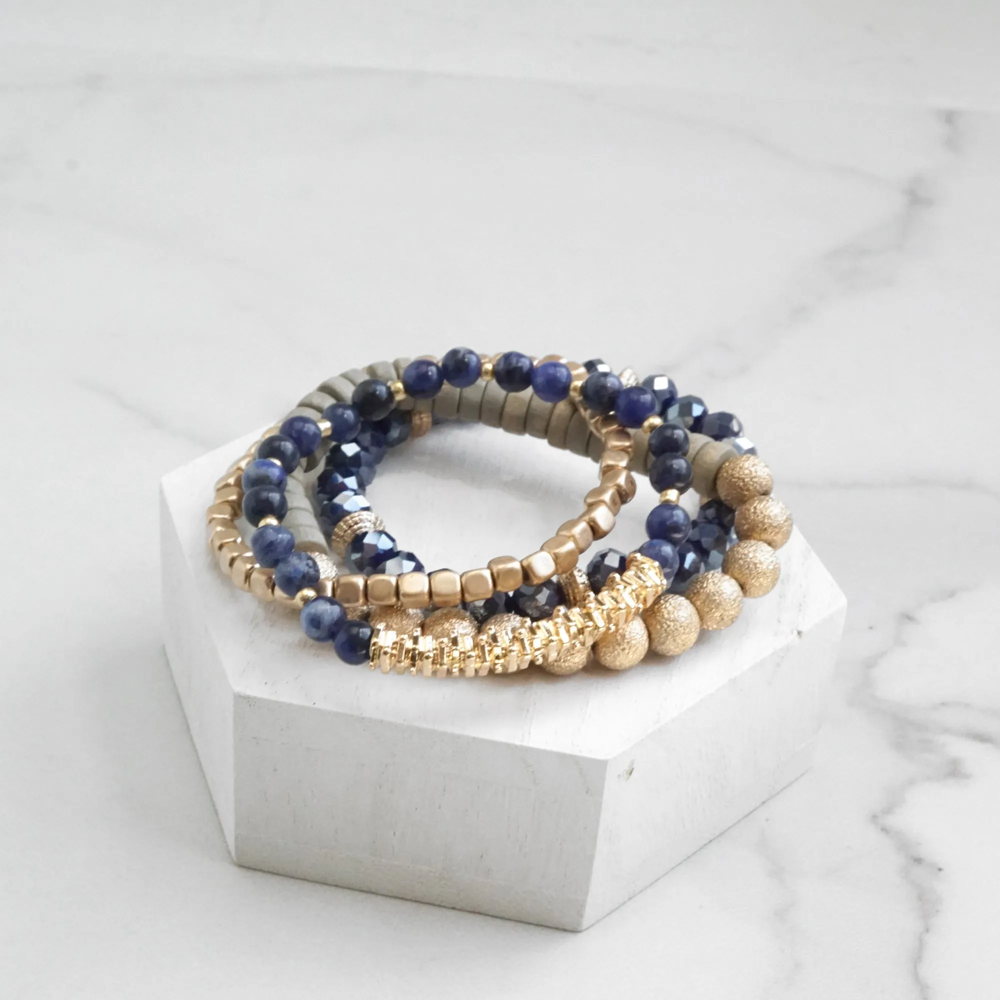 Bracelets stack of 4 piece beaded with Blue Semi Precious stones glass wooden and golden beads