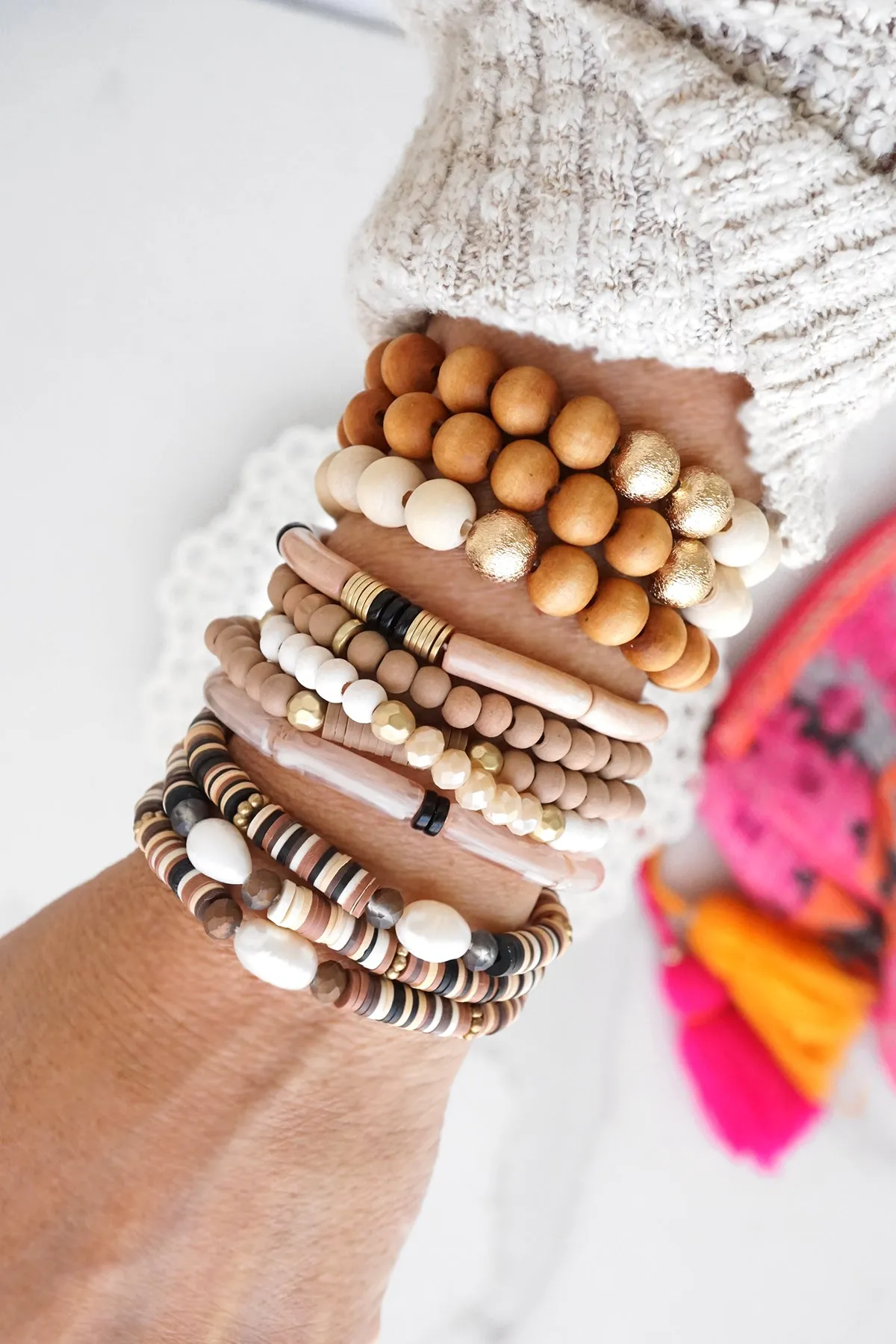 Brown Beaded 5 Bracelets stack Dalmatian stones Acrylic Wooden Golden beads