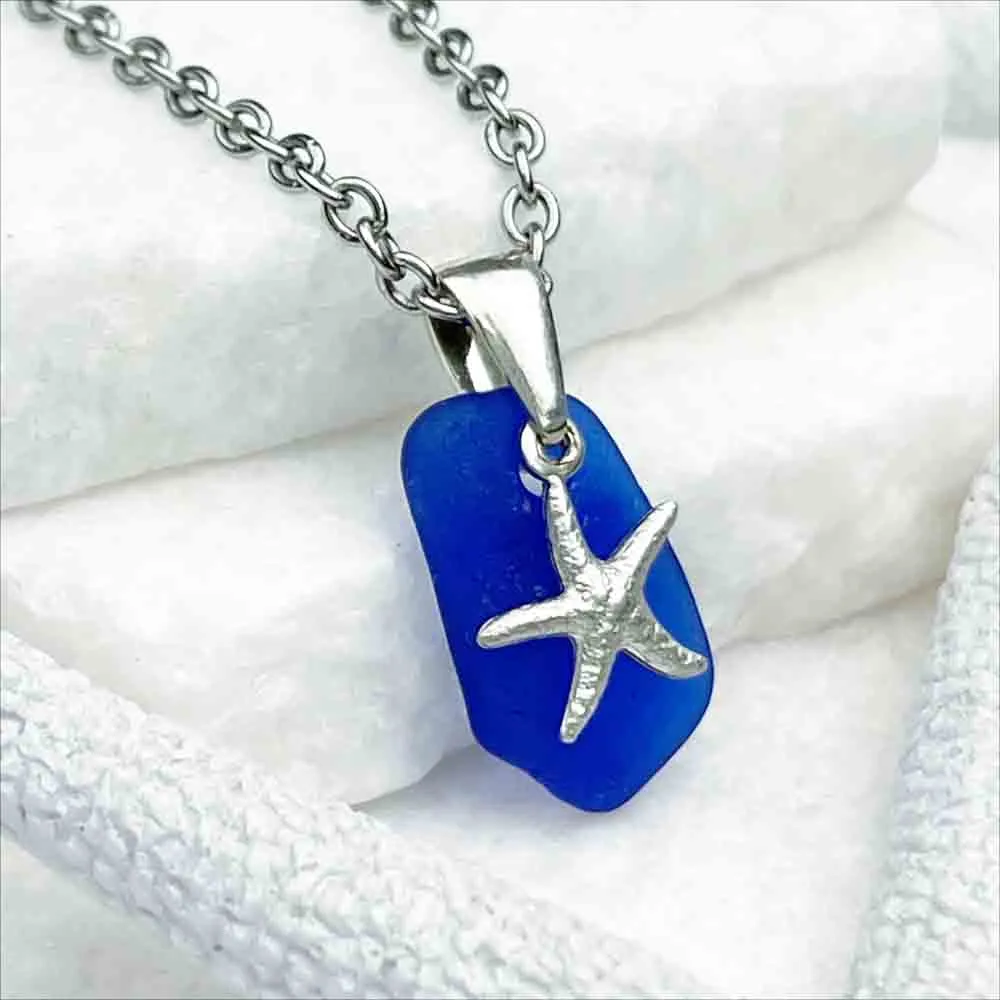 Stunning Cobalt Blue Geometric Sea Glass Pendant with Charming Starfish Accent | Item 5221