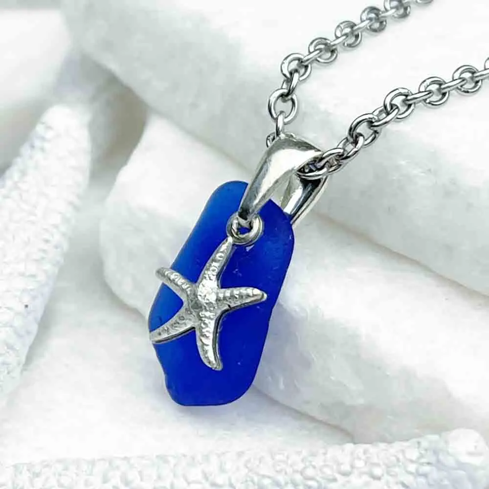 Stunning Cobalt Blue Geometric Sea Glass Pendant with Charming Starfish Accent | Item 5221