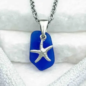 Stunning Cobalt Blue Geometric Sea Glass Pendant with Charming Starfish Accent | Item 5221