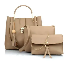 Cream Combo of Handbag with sling bag and golden chain bag