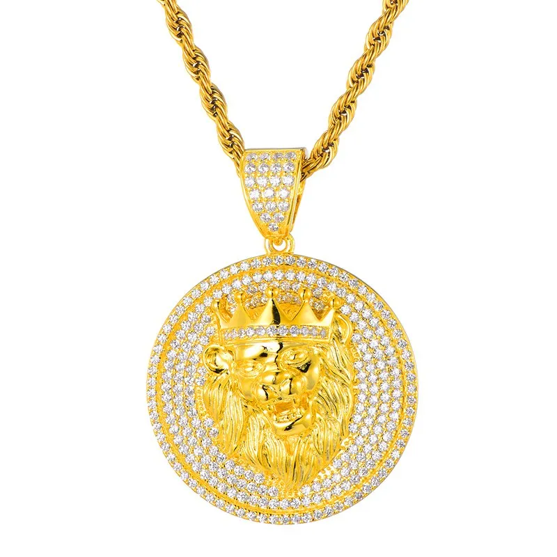 Cubic-Zirconia and Rhinestone-Studded Lion Bling Hip-hop Pendant Necklace