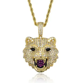 Cubic-Zirconia-Studded Wolf Head Bling Hip-hop Pendant Necklace