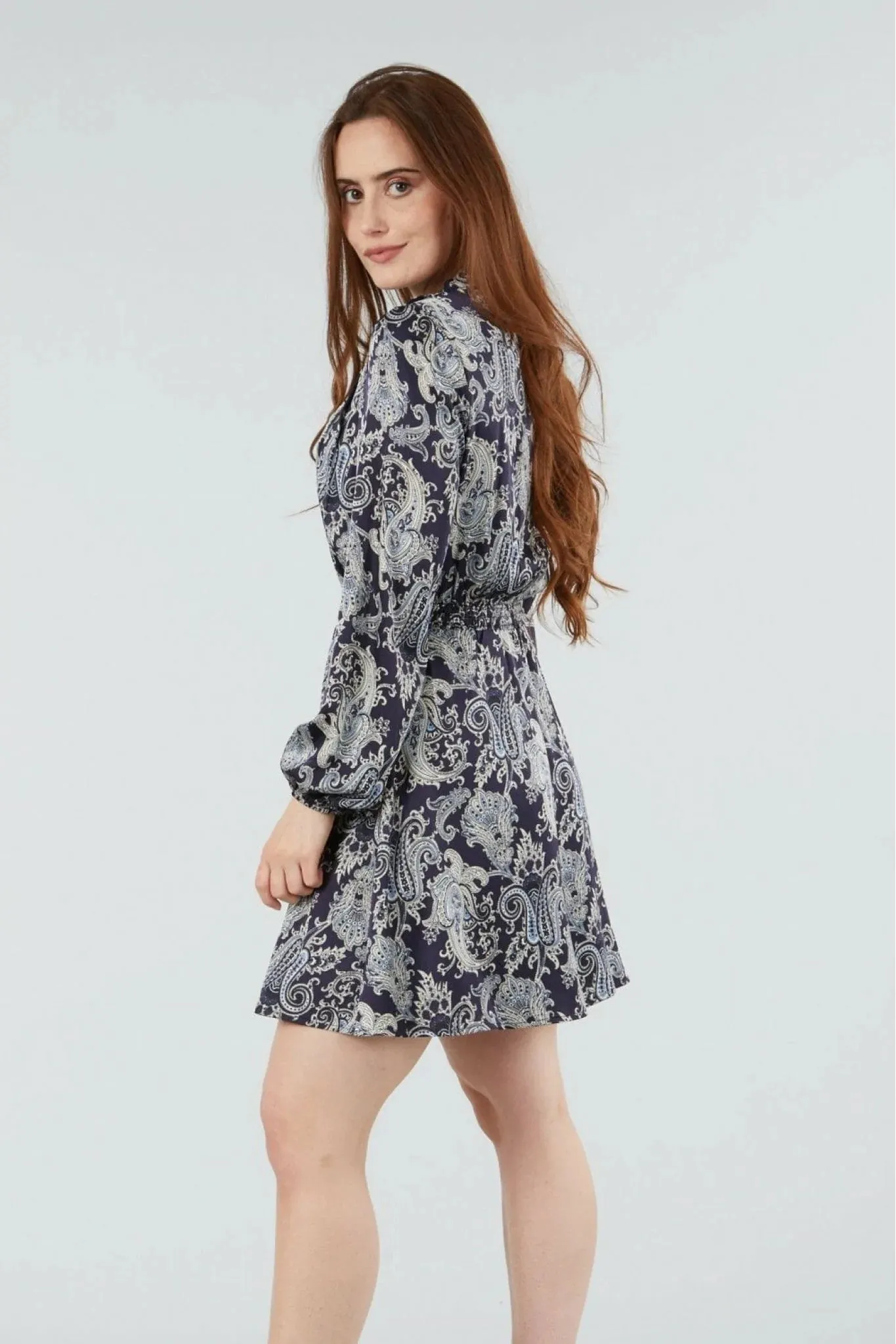 Double Second Navy Paisley Print Pussybow Dress