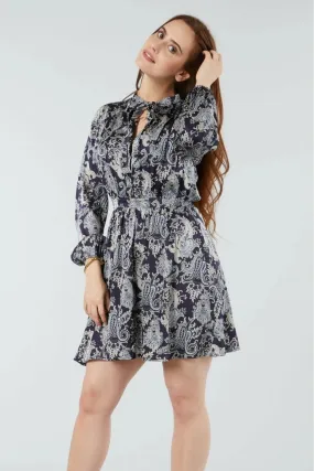 Double Second Navy Paisley Print Pussybow Dress