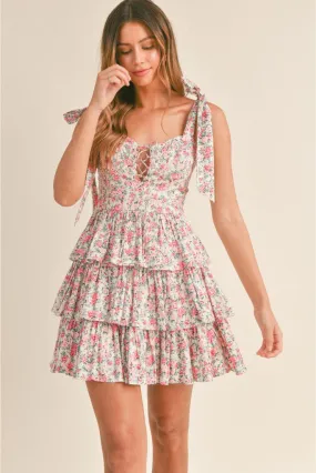 Emma Shabby Chic Floral Tiered Mini Dress - Ivory