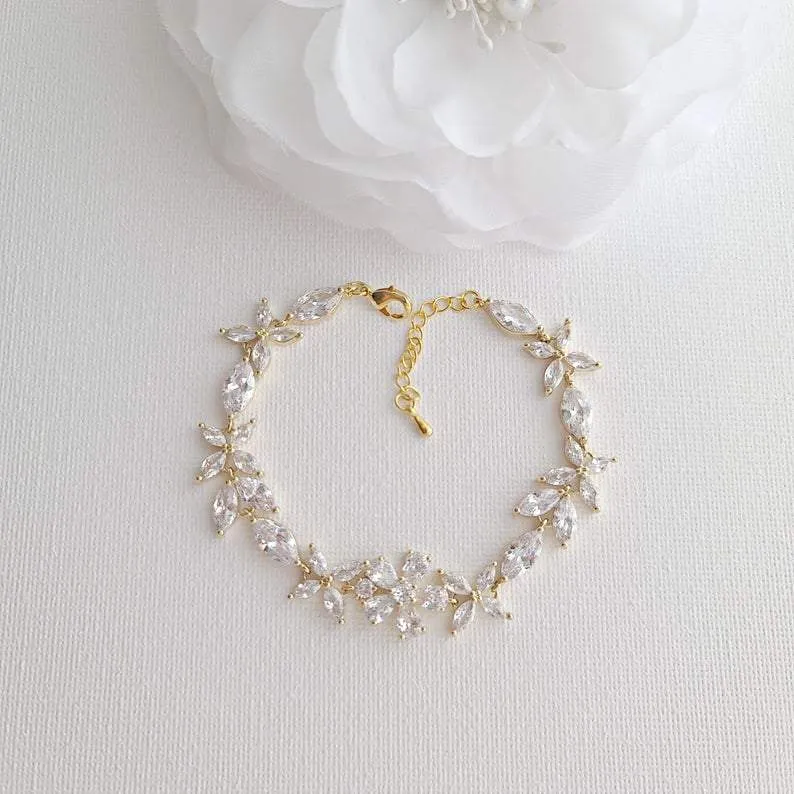 Floral Bridal Bracelet in Rose Gold & CZ Crystals- Daisy