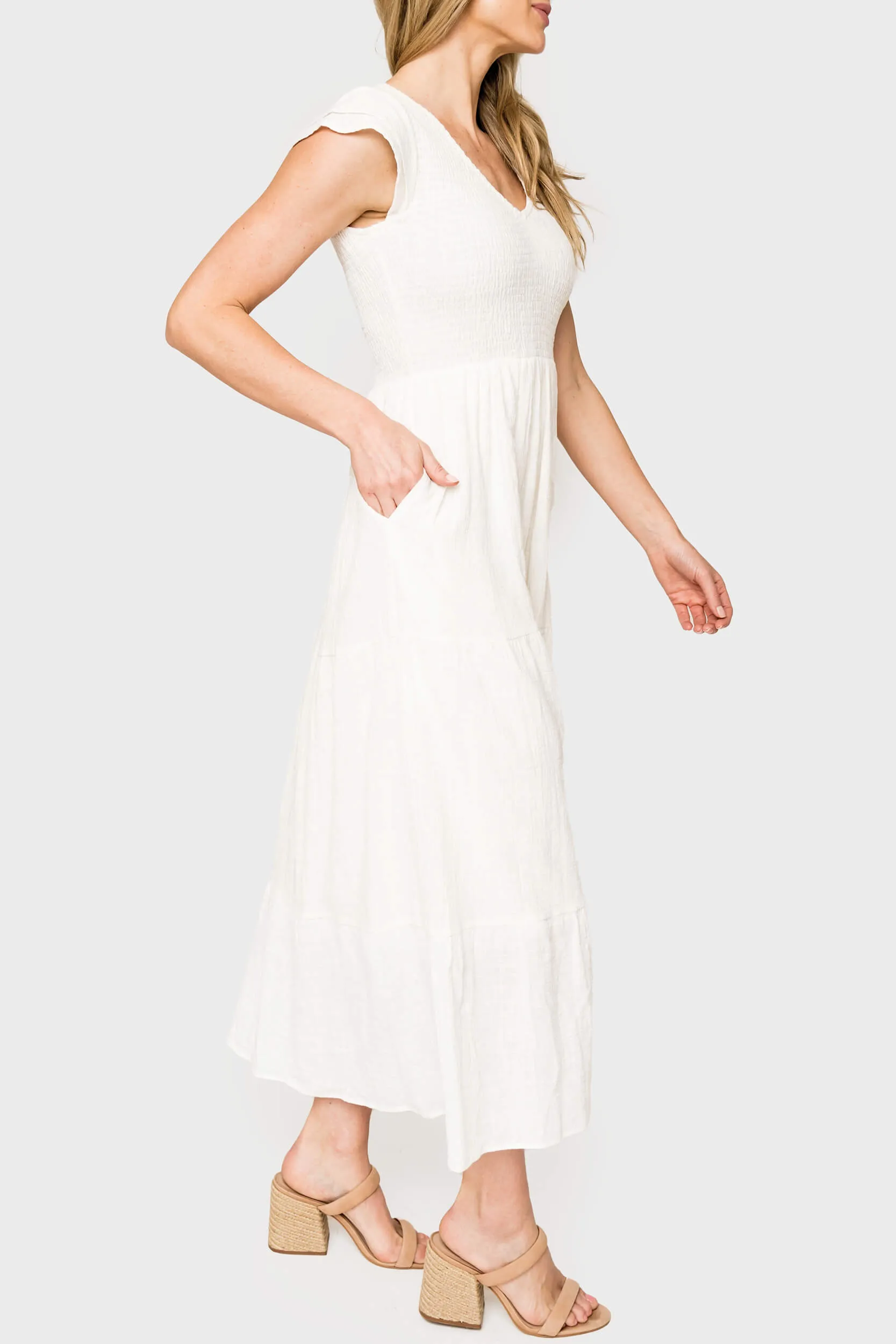 Flutter Sleeve Smocked V-Neck Tiered Maxi Dress