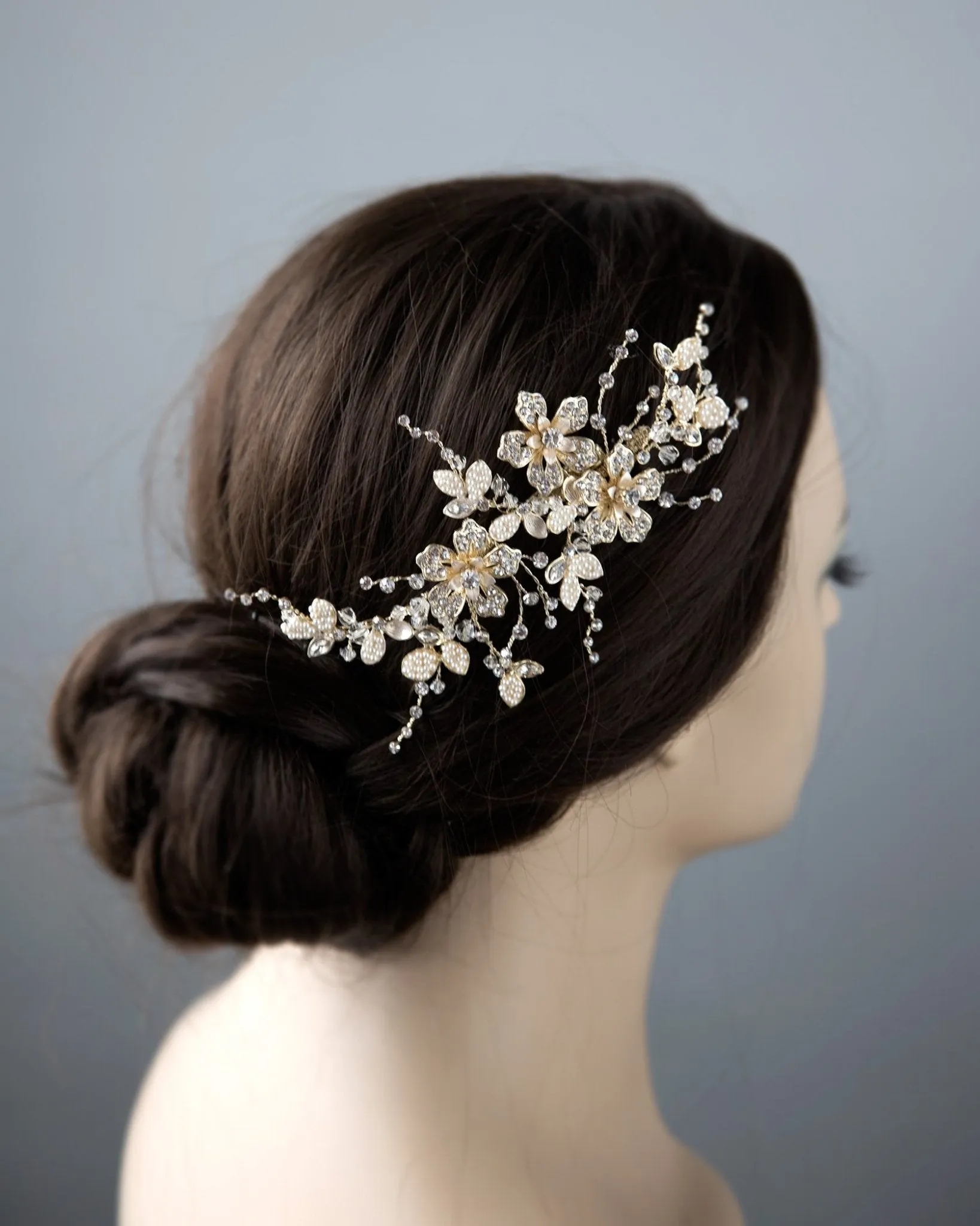 Gold Bridal Hair Clip with Pearled Leaves