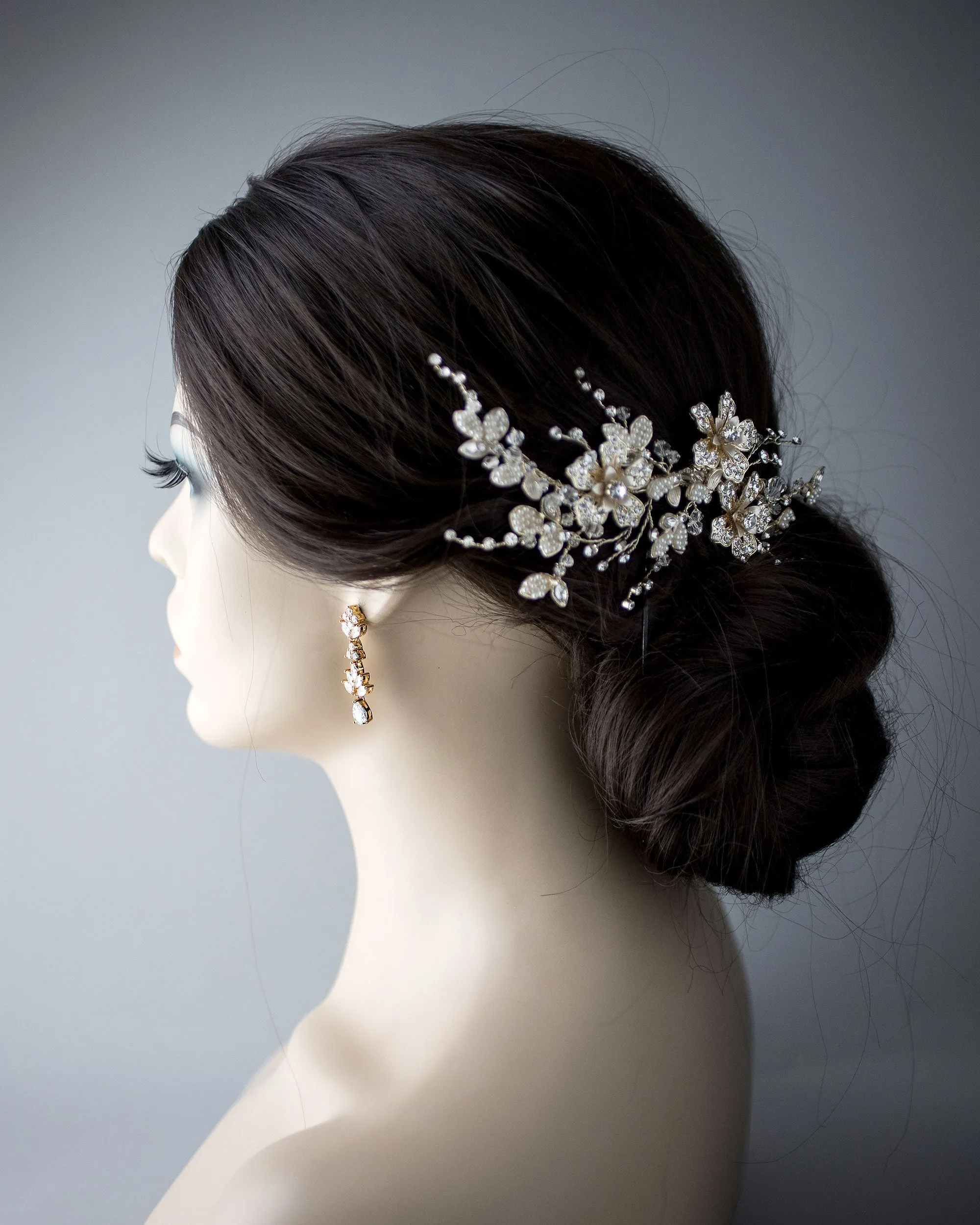 Gold Bridal Hair Clip with Pearled Leaves