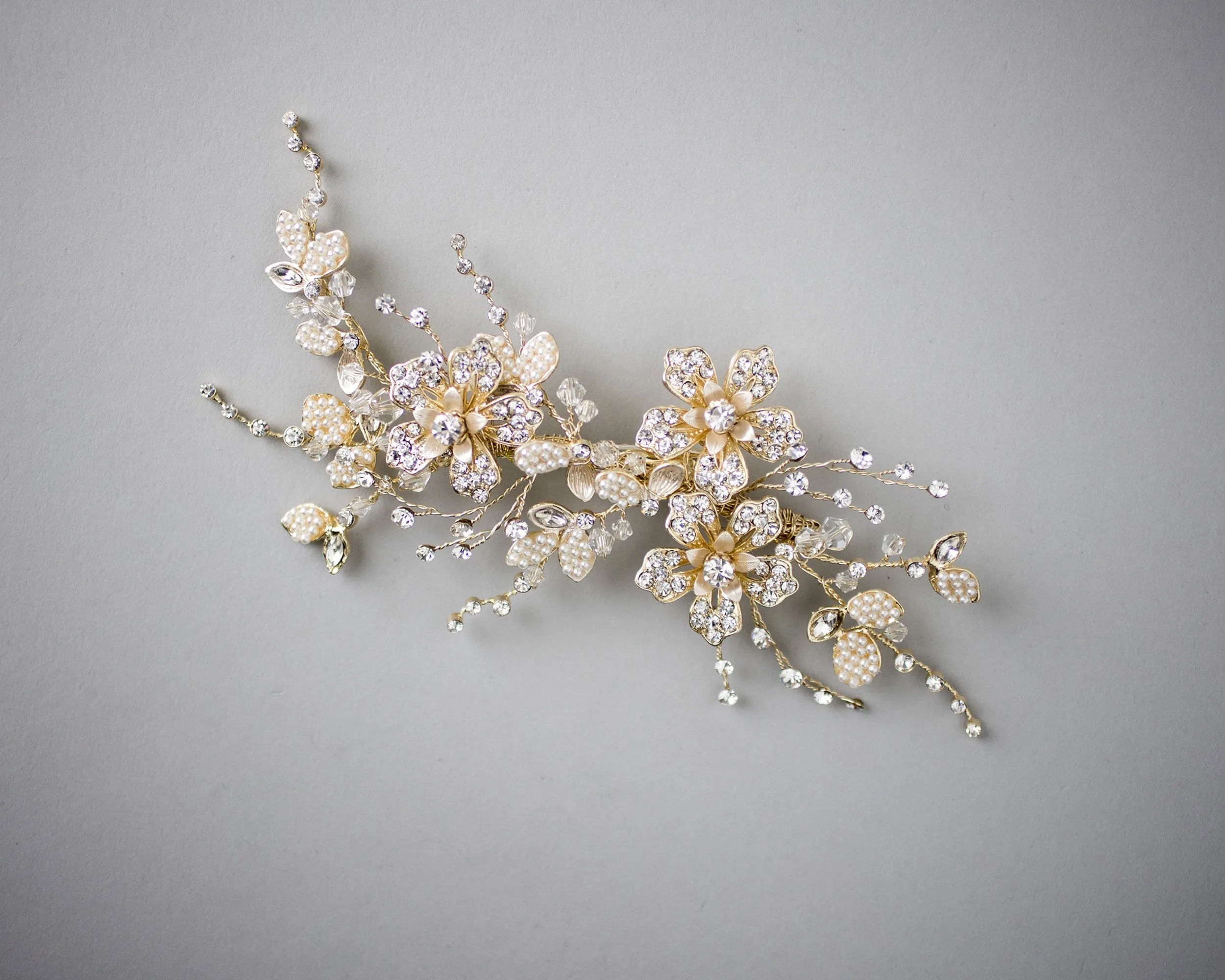 Gold Bridal Hair Clip with Pearled Leaves