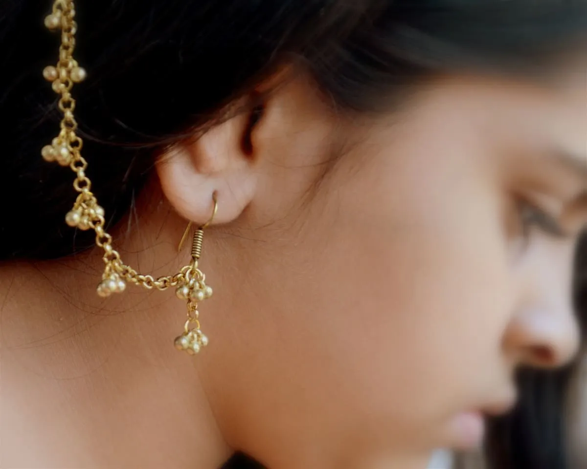 Gold Earring with Hair Chain, Simple Indian Jewelry, Traditional Rajasthani Ghungroo Jhumka