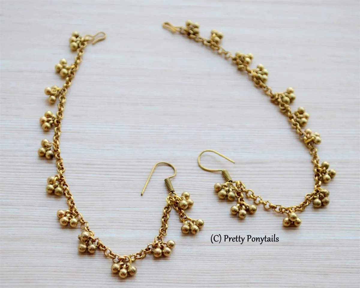 Gold Earring with Hair Chain, Simple Indian Jewelry, Traditional Rajasthani Ghungroo Jhumka