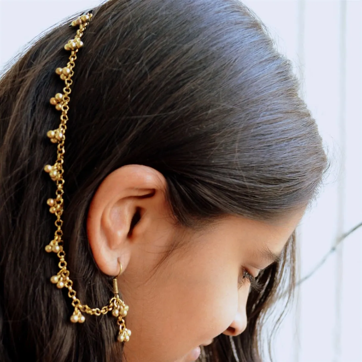 Gold Earring with Hair Chain, Simple Indian Jewelry, Traditional Rajasthani Ghungroo Jhumka