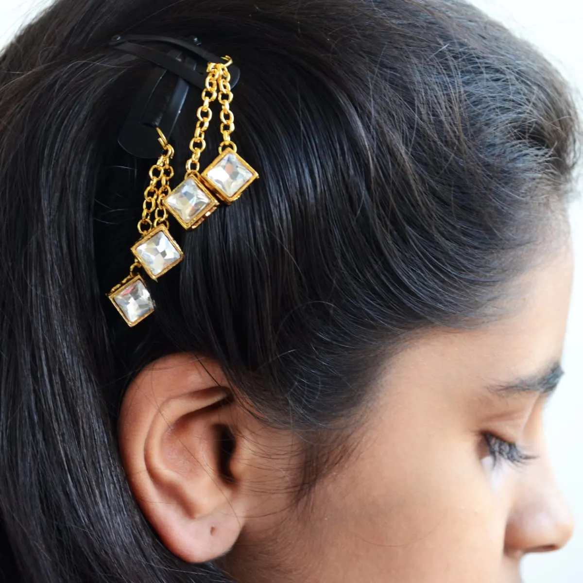 Gold Kundan Hair Clip Set for Girls, Square Princess cut Crystal Hair Clip