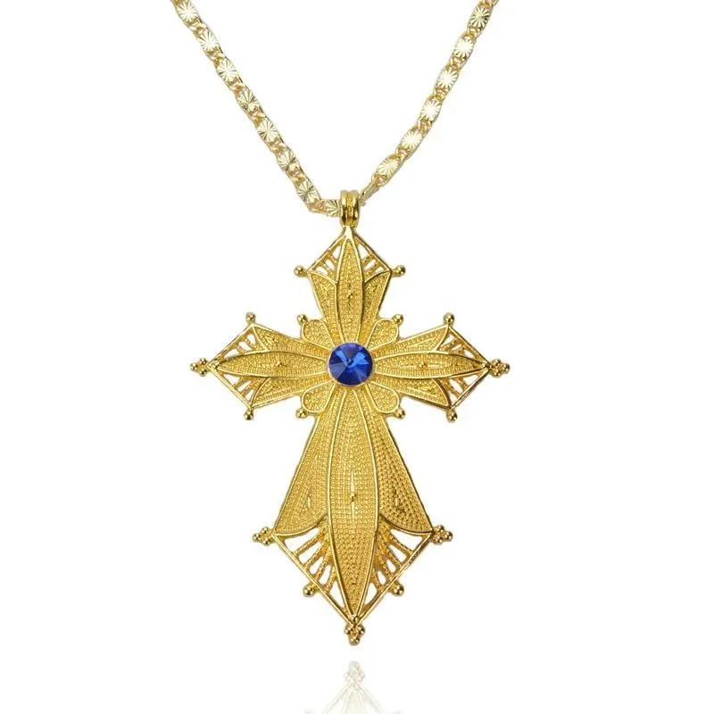 Golden Habesha Ethiopian Cross Pendant with Blue Stone Center