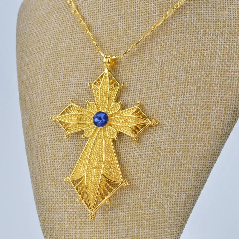 Golden Habesha Ethiopian Cross Pendant with Blue Stone Center