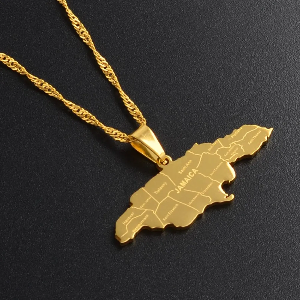 Gold/Silver-Plated Jamaica Map with City Stainless Steel Pendant Necklace