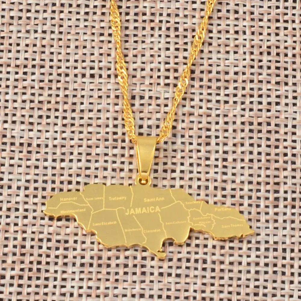 Gold/Silver-Plated Jamaica Map with City Stainless Steel Pendant Necklace