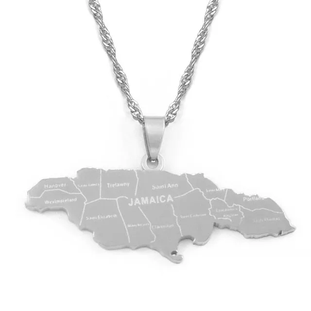 Gold/Silver-Plated Jamaica Map with City Stainless Steel Pendant Necklace