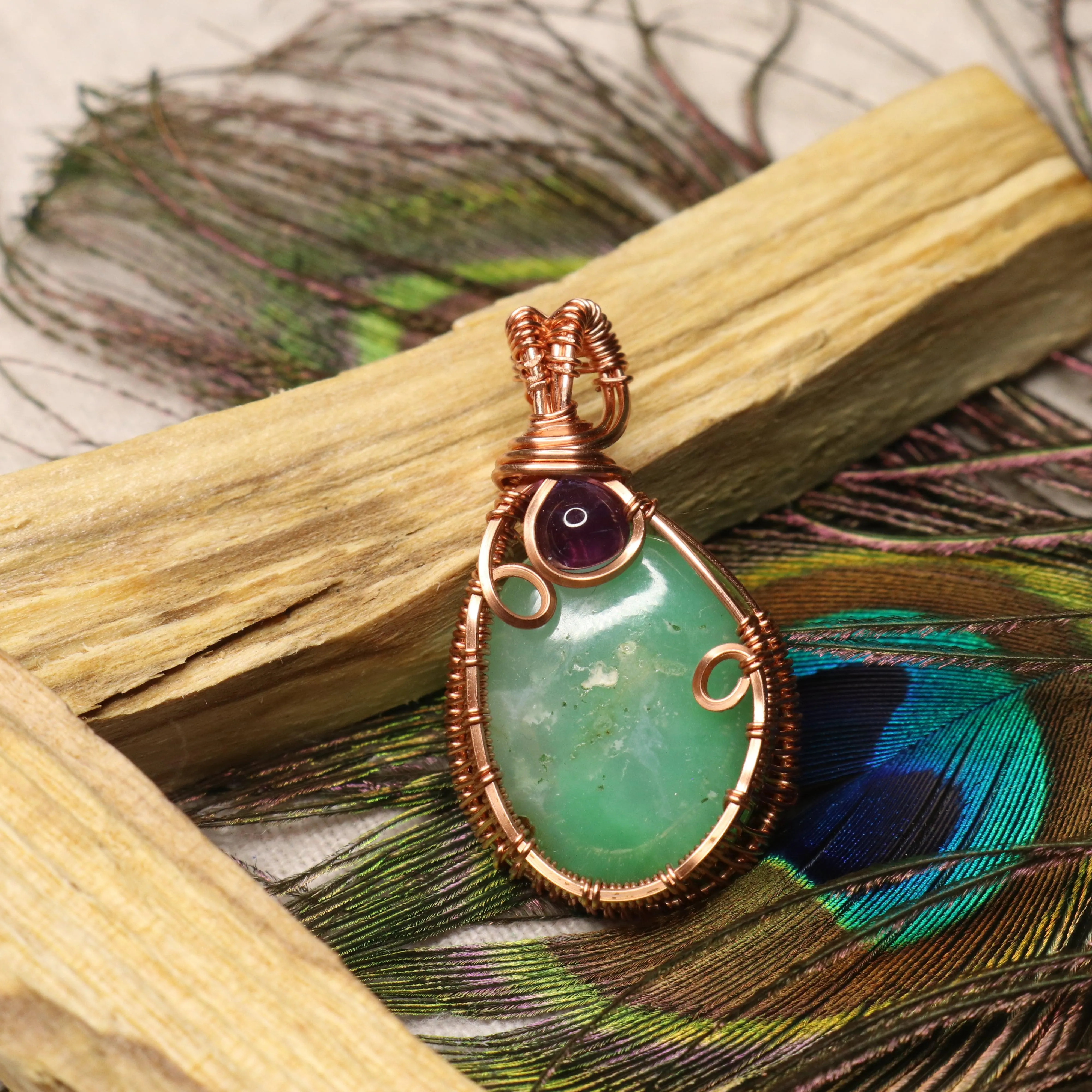 Green Chrysoprase Copper Wrapped Pendant with Amethyst Accents ~ One of a Kind